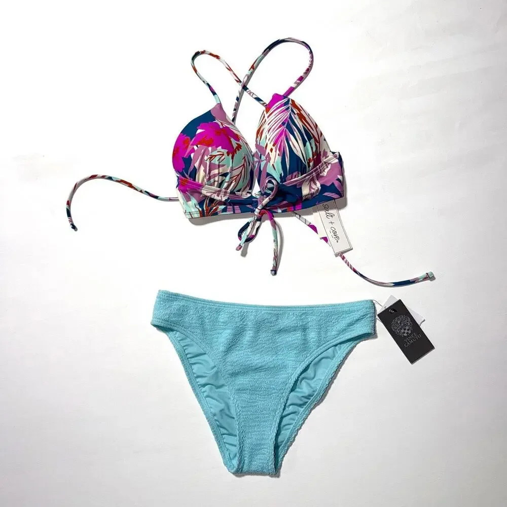 Salt + Cove bikini top with Vince Camuto multicolored floral and leaf print top